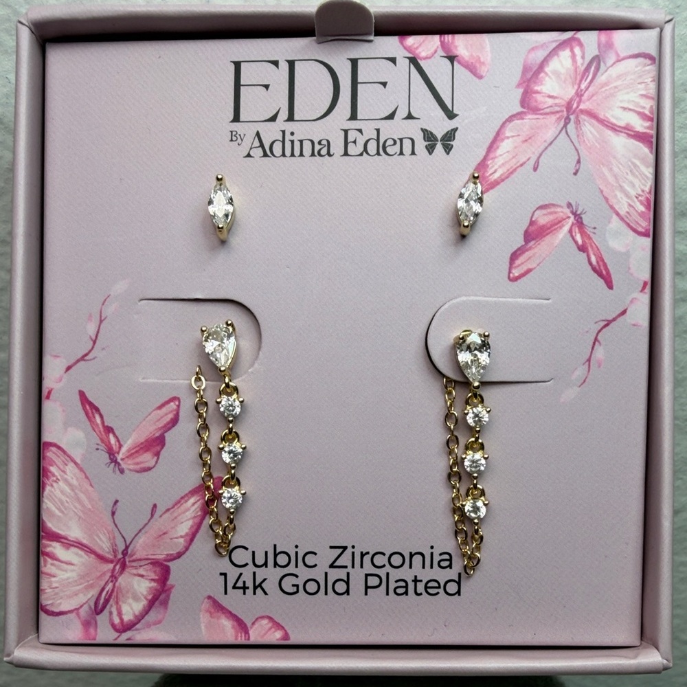 Adina Eden‎ 14k Gold Plated Earrings with Cubic Zirconia set of 2 pair